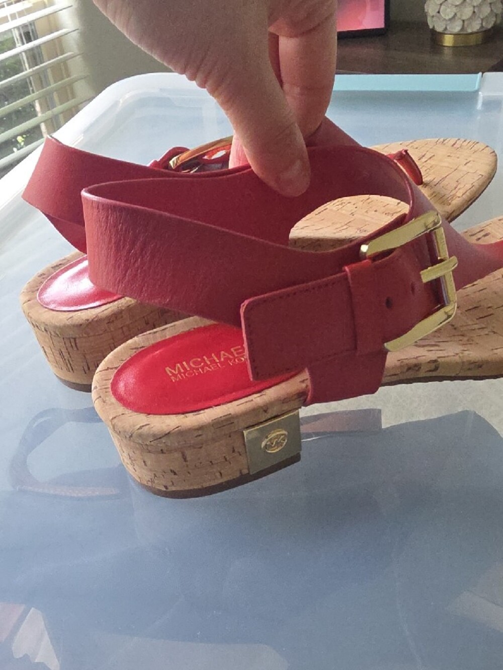 Michael Kors Red Thong Cork Sandals with Gold Buckle Detail - Picture 2 of 5
